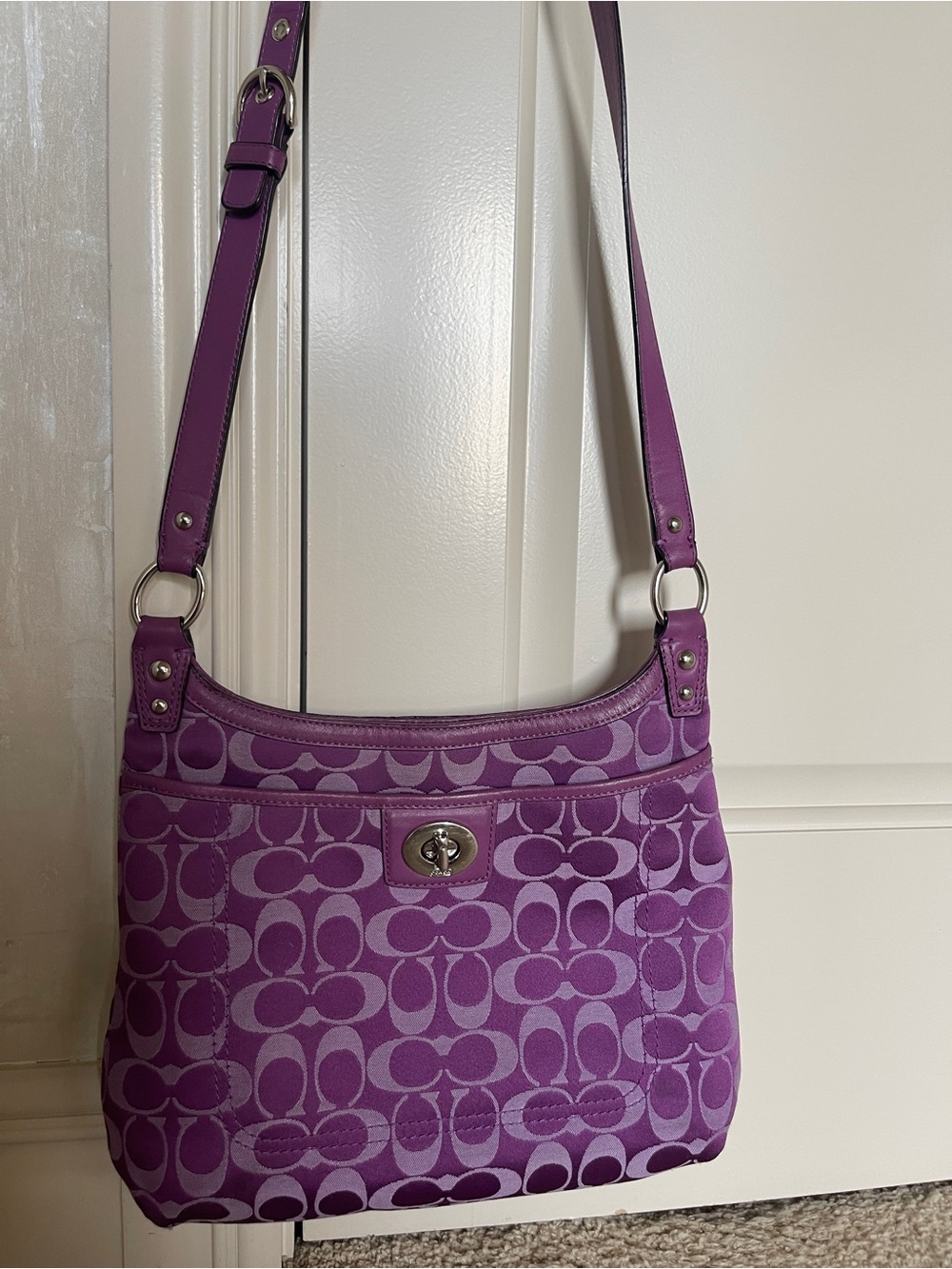 Coach Purple Signature “C” Getaway Shoulder Bag with Turn-Lock